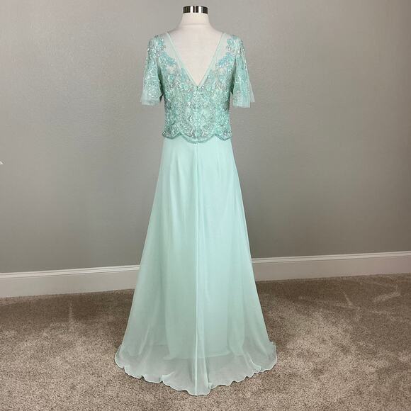 Adrianna Papell Beaded Chiffon Evening Gown Green Size 8 Short Sleeve A-Line - Picture 2 of 13